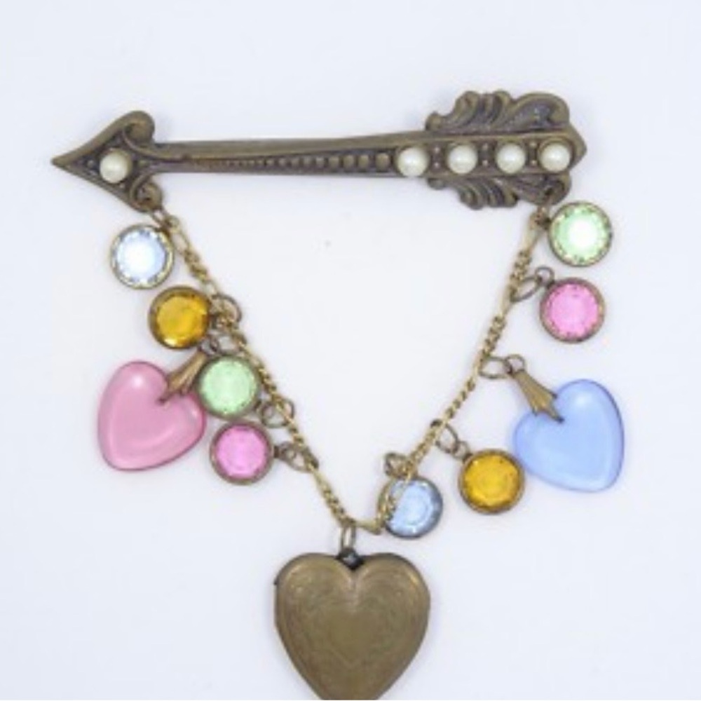 Vintage Gold Heart Charm Pin with Multicolor Glass Drops